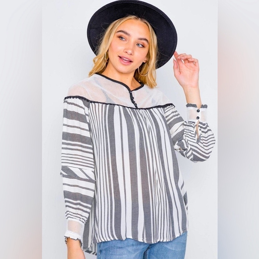 Hummingbird- Ivory Stripe Mash Combo Black Top